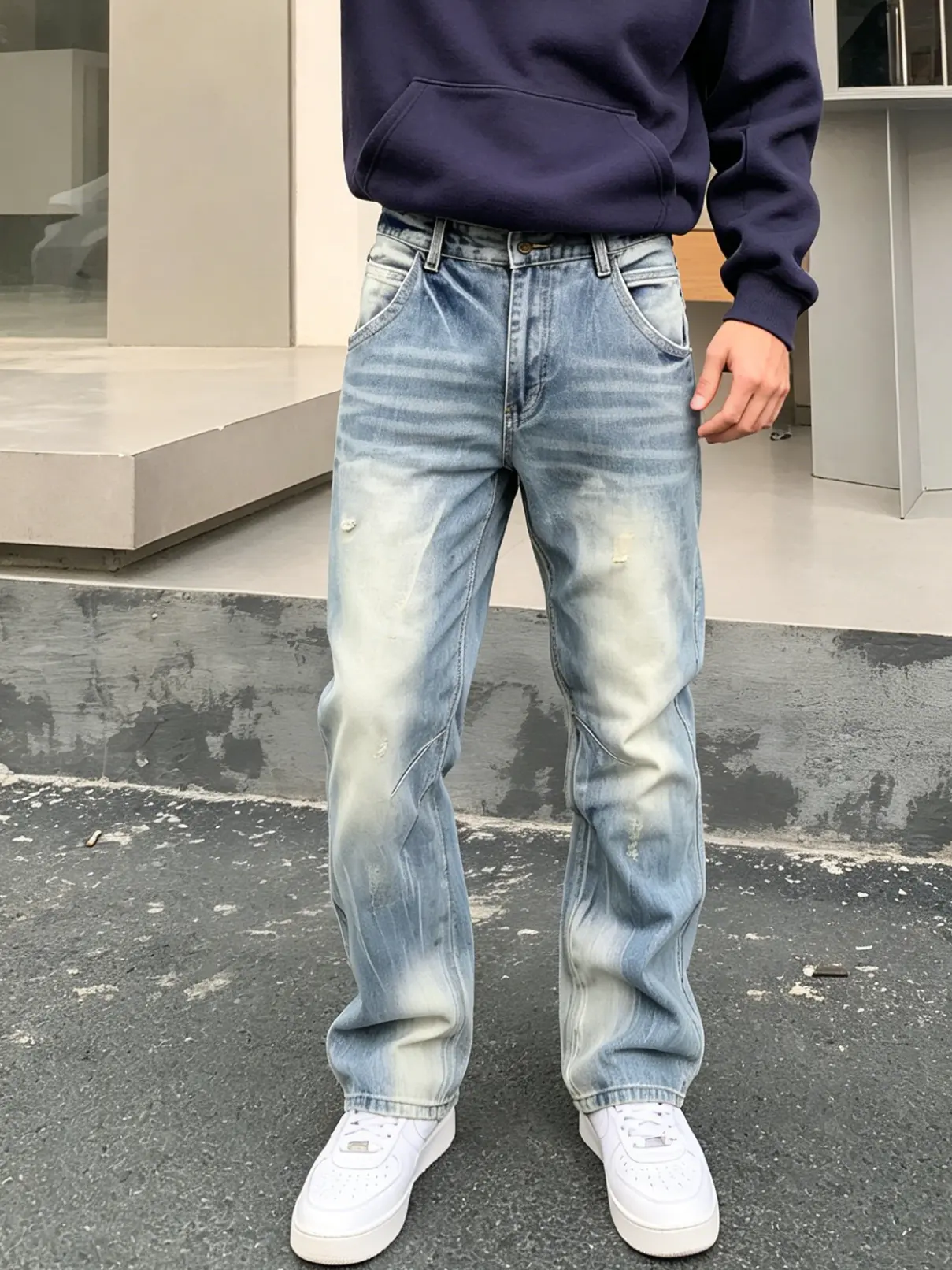 Men's Loose-Fit Straight Leg Jeans - Chic Retro Chic Plain Heavy Cotton Non-Stretch Heavyweight Bleached Denim Casual Distressed Light Wash Pants, All Seasons, Full Length, Whiskered Rips, H Type, Machine Washable, Multi-Size
