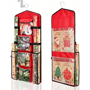 Hanging Wrapping Paper Storage Organizer Double-Sided Gift Wrap Holder 360° Rotating Storage for Craft Accessories Gift Wrap Supplies Ribbon Stationery (Red)
