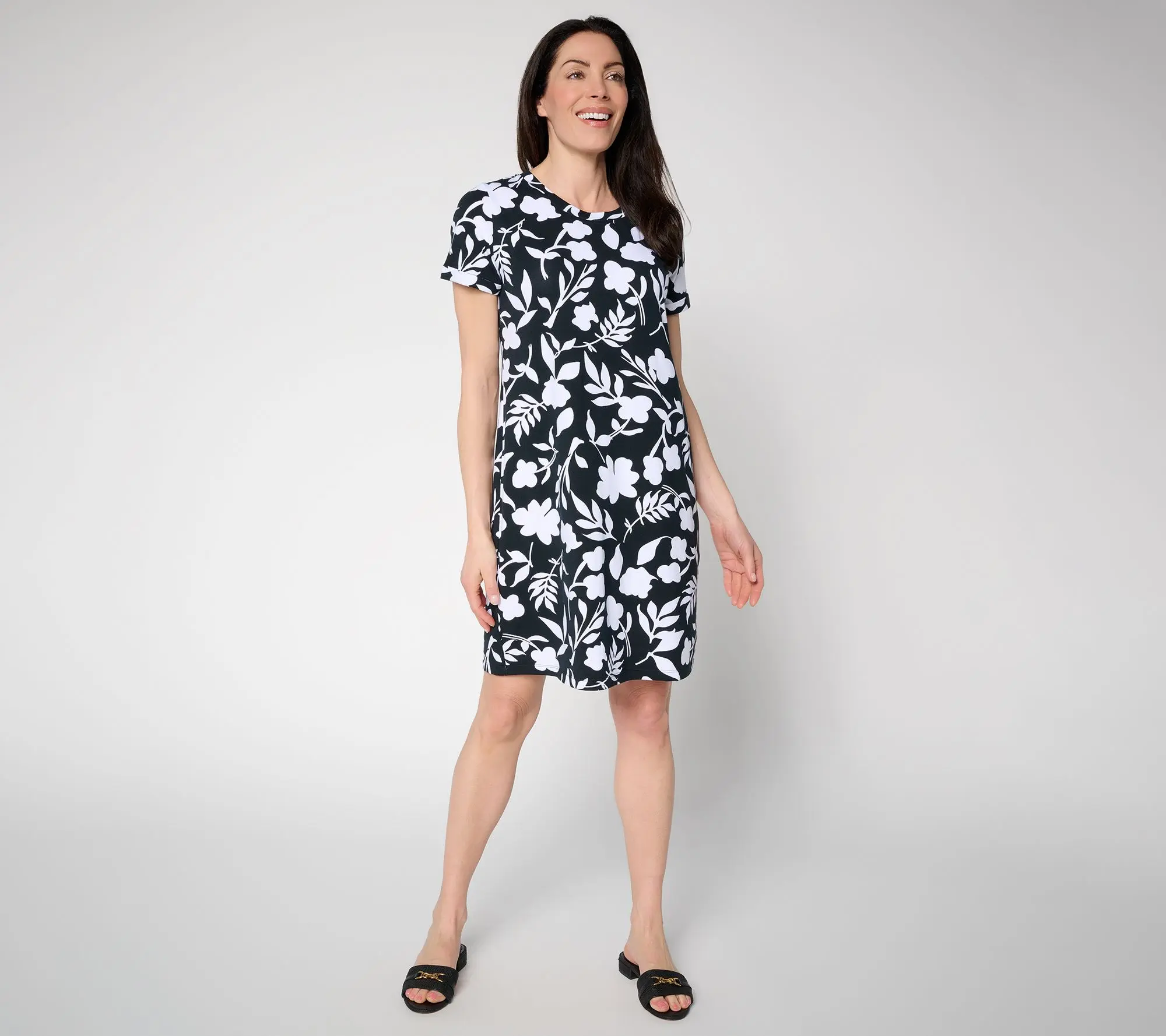 Susan Graver Weekend Petite Printed Comfy Cotton Crew Neck Dress