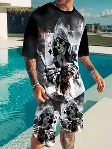 Men's Skull Poker Card Tee Set, Geometric Pattern, Short Sleeve Crop Top, Casual Fitted H-Type Track Shorts, Drop Waist Design, Matching Shorts Sets, Summer Outfits Set