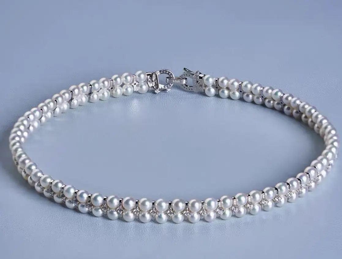 Pure silver natural freshwater 4.5-5mm pearls double row diamond-studded necklace, 36cm in length