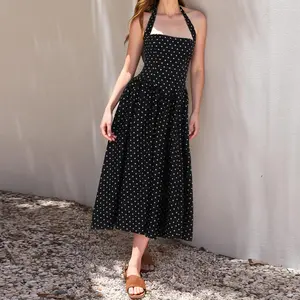 Womens Polka Dots Summer Casual Dresses Square Neck Sleeveless Midi A Line Elegant Dress