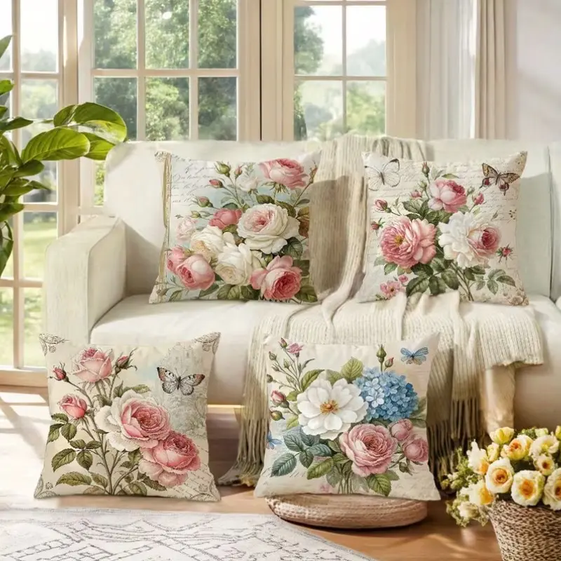 4-Piece Floral Butterfly Pattern Single-Sided Print Pillow Covers, Home Textile, Bedroom Decorative Accessories, 45x45cm, Hidden Zipper, Indoor Outdoor Decor, No Filler Included