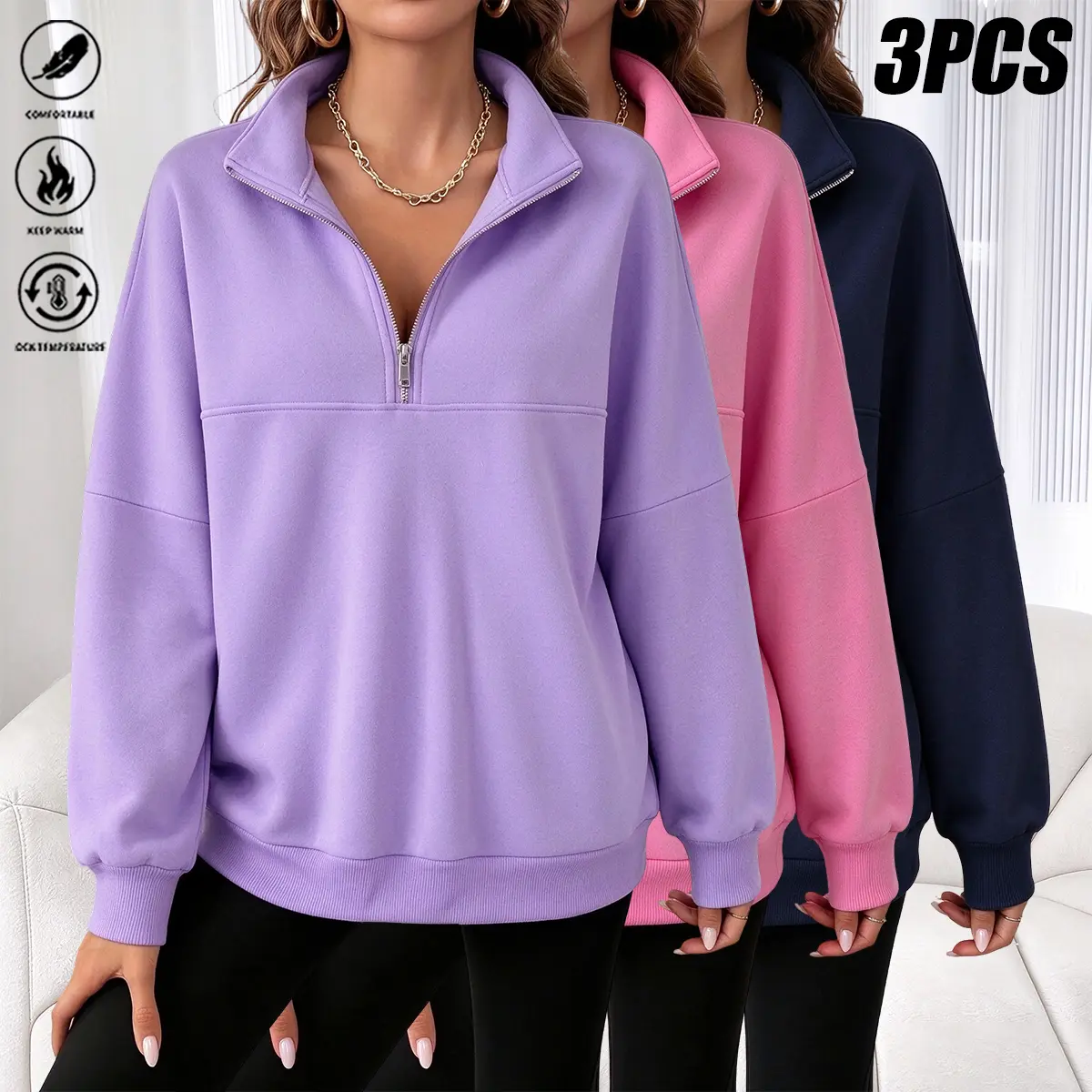 Women’s 3-Pack Half-Zip Pullover Sweatshirts, Fall/Winter Fleece-Lined Stand Collar Long-Sleeve Tops, Loose-Fit Casual Quarter-Zip Sweatshirts, Soft, Warm Basic Outfits for Daily Wear, Gym, Shopping, Outdoors, Trendy Aesthetic Women’s Winter Clothing, Mul