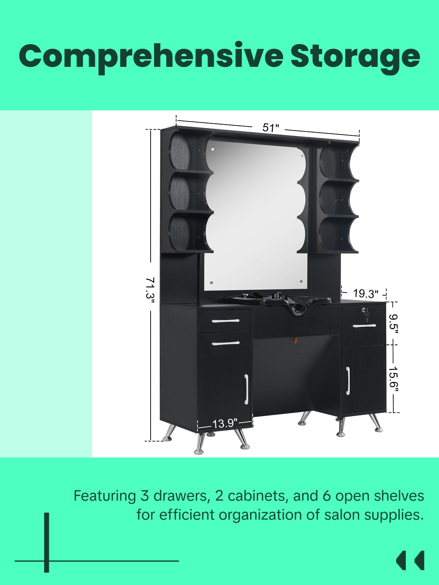 BarberPub Backwash Shampoo Bowl Cabinet, Barber Wall Mount Station with Mirror 3141