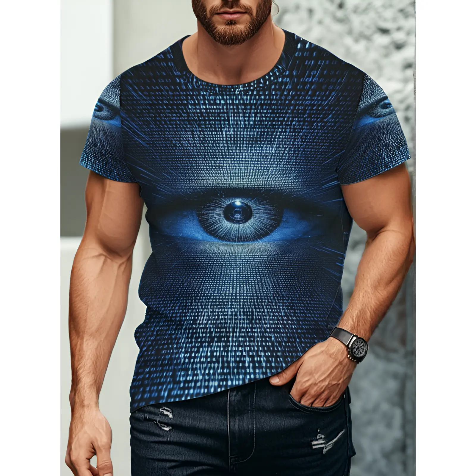 Casual Loose-Fit Men'S T-Shirt Featuring a Futuristic Eye Design with Binary Code, Ideal for Daily Wear And a Great Gift for Tech Lovers on Occasions Like Birthdays, Father'S Day, Or Christmas