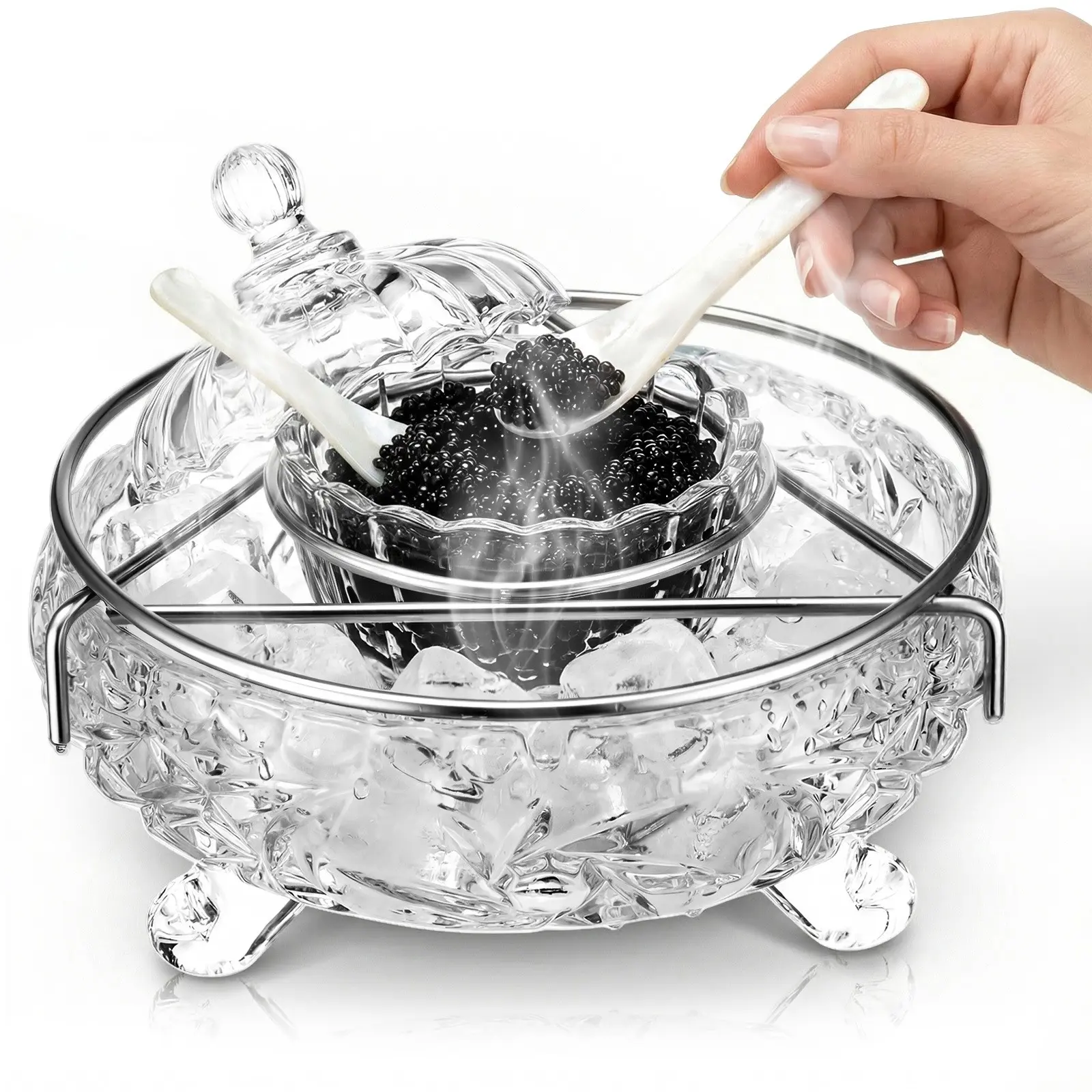 1 Set Glass Caviar Serving Set with Cover And Mother of Pearl Spoons Chiller Server Caviar Dish for Shrimp Appetizers Kitchen Restaurant Catering Events Dishwasher Safe (Clear Color)