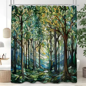 Stained Glass Shower Curtain Green Forest Tree Nature Shower Curtains for Bathroom Decor Waterproof Cloth Fabric with Hooks