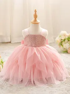 Baby Girl Pink Sequined Big Bow Clothes Infant Christening Cocktail Toddler Baptism Pageant Birthday Party Ball Gown Princess Dress for all Season 6 Months to 3 Years Toddler Outfit