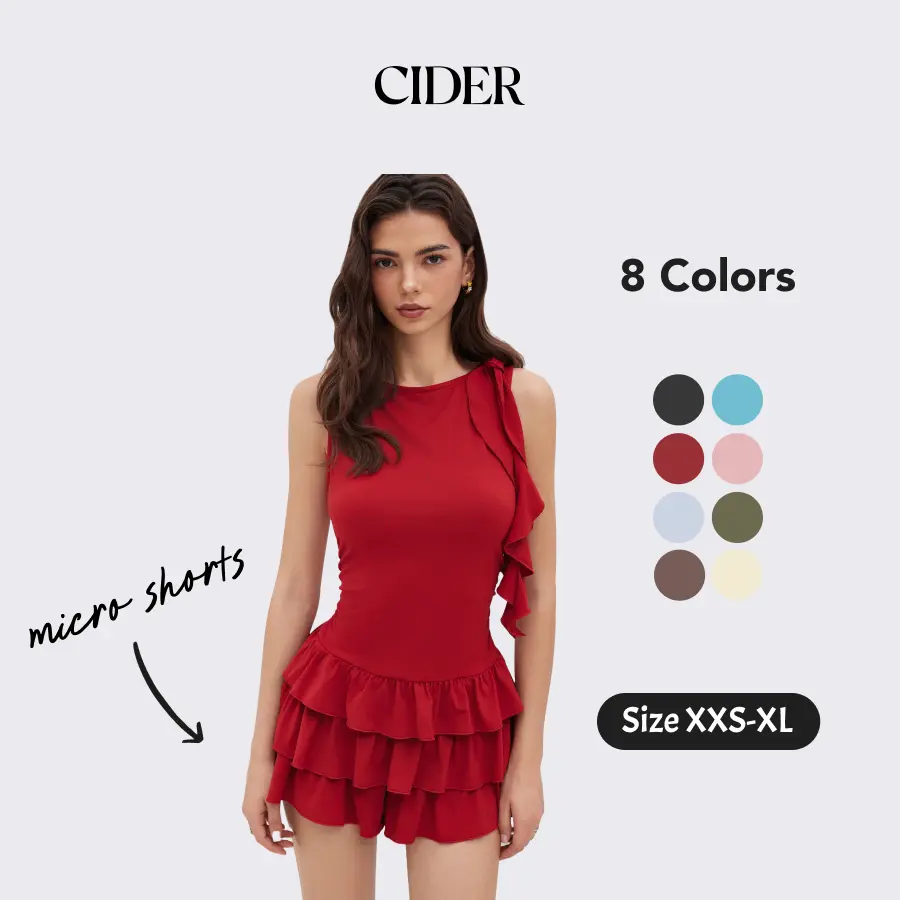 Cider Boat Neck Ruched Ruffle Hem Layered Micro Romper