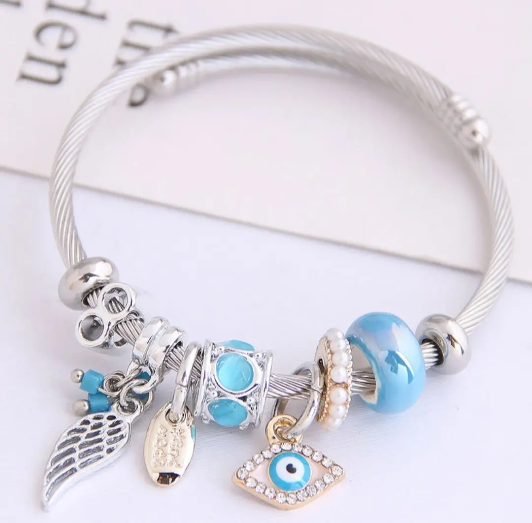 Adjustable Silver Bangle Angel Wing & Eye Bracelet