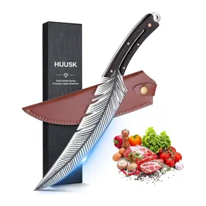 Huusk Japanese Kitchen Knife - Hand-Forged High Carbon Steel Chef's Knife with Sheath, Ideal for Meat Cutting & Cooking, Suitable for Kitchen & Camping, Perfect Gift for Dad
