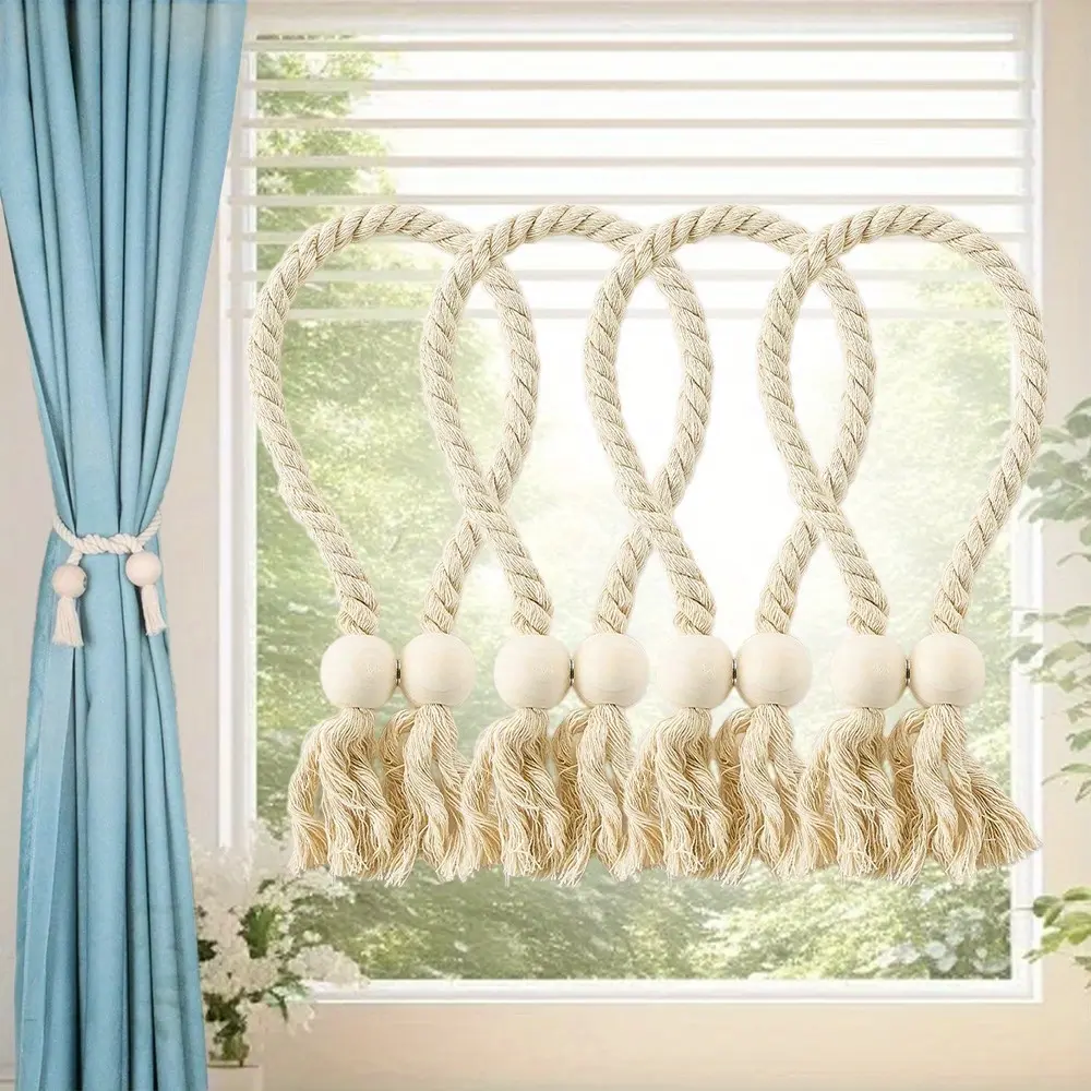 4 Pack Natural Twisted Cotton Hand-Woven Magnetic Curtain Tiebacks, No-Tools-Required Decorative Rope Holdbacks for Curtains, Draperies & Window Decor