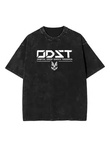 Vintage Washed Sci-Fi Military Print Loose T-Shirt, Y2K Street Retro Short Sleeve, Unisex Casual Top, Ideal for Gaming Enthusiasts