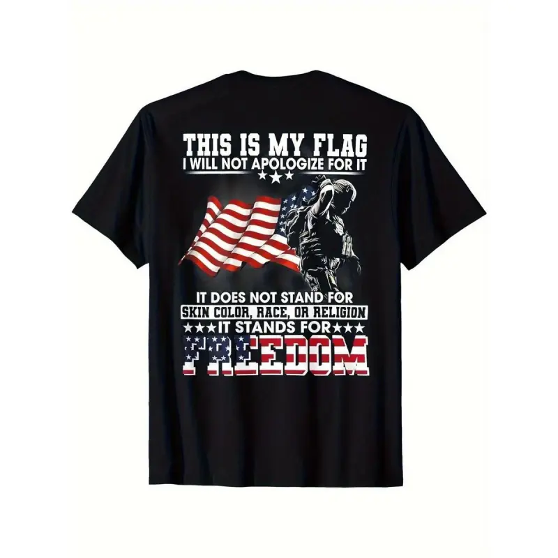 Vintage Patriotic American Flag & Soldier Print Short Sleeve Round Neck Top - Unisex Casual Menswear Streetwear Tee with Bold "Stand for Freedom" Slogan, Regular Fit Shirt - Ideal Gift for Family, Friends