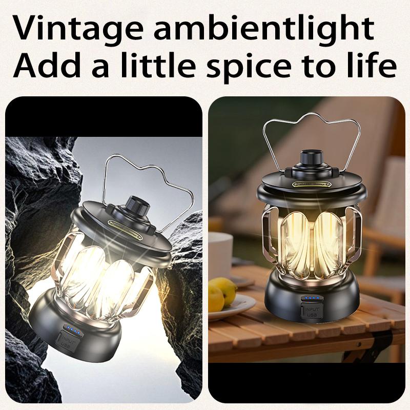 Vintage-style camping lamp, atmospheric portable lantern, flashlight with a metal hook for hanging, USB rechargeable with power output function, very suitable for fishing, household power outages, desktop lighting and emergency lighting