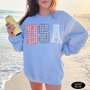 USA Sweatshirt Faux Patchwork Gingham 4th of July Crewneck