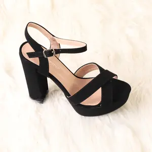 Lady high heel open toe criss cross strap block heel ankle strap with buckle