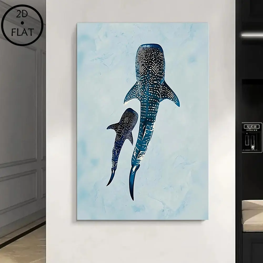 2D Flat Single Wrapped Solid Wood Frame, Poster. 2D Flat Printing, Whale Shark Mother and Baby Women's Day Mother's Day Canvas Poster Art Mural, Modern Art Design, Wooden Wall Art, Wall Decoration for Home, Office, Cafe, Bar, gift