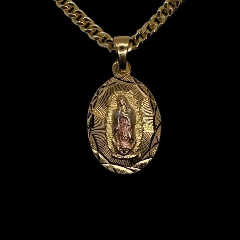 14k Gold Plated Virgen de Guadalupe Diamond Cut Necklace 3 Golds Virgin Mary Necklace Virgen Maria Tres Oros Diamante Corte Laminado