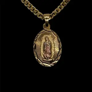 14k Gold Plated Virgen de Guadalupe Diamond Cut Necklace 3 Golds Virgin Mary Necklace Virgen Maria Tres Oros Diamante Corte Laminado