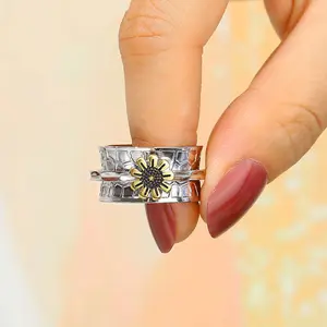 Stylish layered wide sunflower ring, two-tone design, unisex, perfect as a party gift.