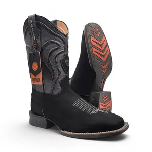 Mens Square Toe Boot Black Nobuck Leather – Rubber Sole Western Boot