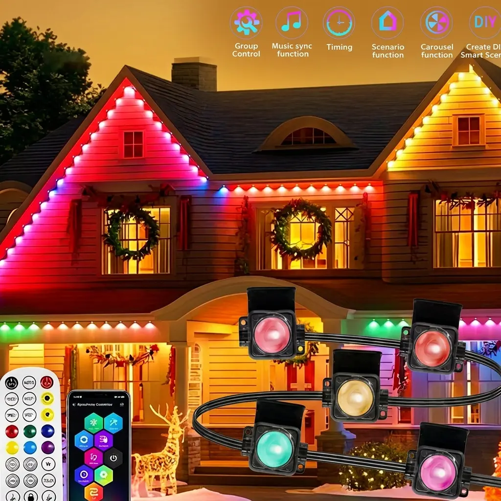 300FT Outdoor Permanent LED Strip Lights, RGB IC Waterproof Eaves Lighting, Smart App Remote Control, Color Changing DIY Scenes for Home Garden Roof Decor