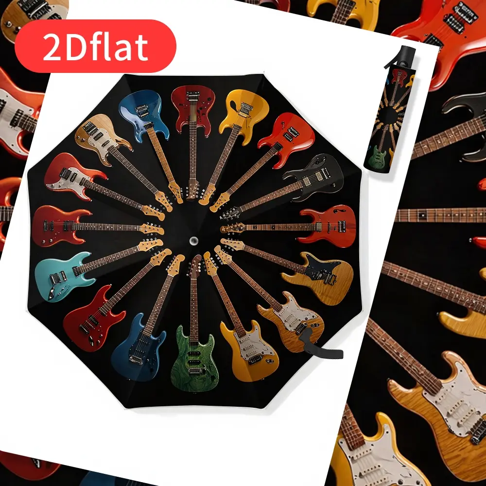 1 Electric Guitar Umbrella with One-Touch Open/Close – Auto-Folding, Lightweight & Durable, 8-Rib Design, Vibrant Electric Guitar Print – Ideal for Travel, Backpacking, Holiday Gifts, Outdoor Accessories, and Travel