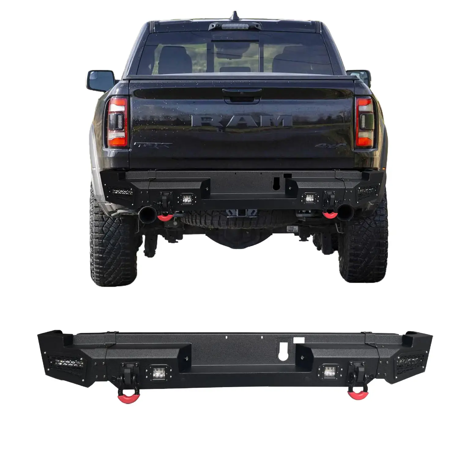 Vijay Black Texture Steel Rear Bumper with LED Lights & 2 D-Rings Kit for 2019-2024 Dodge RAM 1500 Truck Rebels (Not Fit Classic Models) - Off-Road Accessory, Simple Screw Installation, Appearance Enhancement