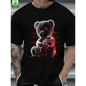Sketch Style Teddy Bear Graphic T-Shirt, 100% Cotton Streetwear Casual Top