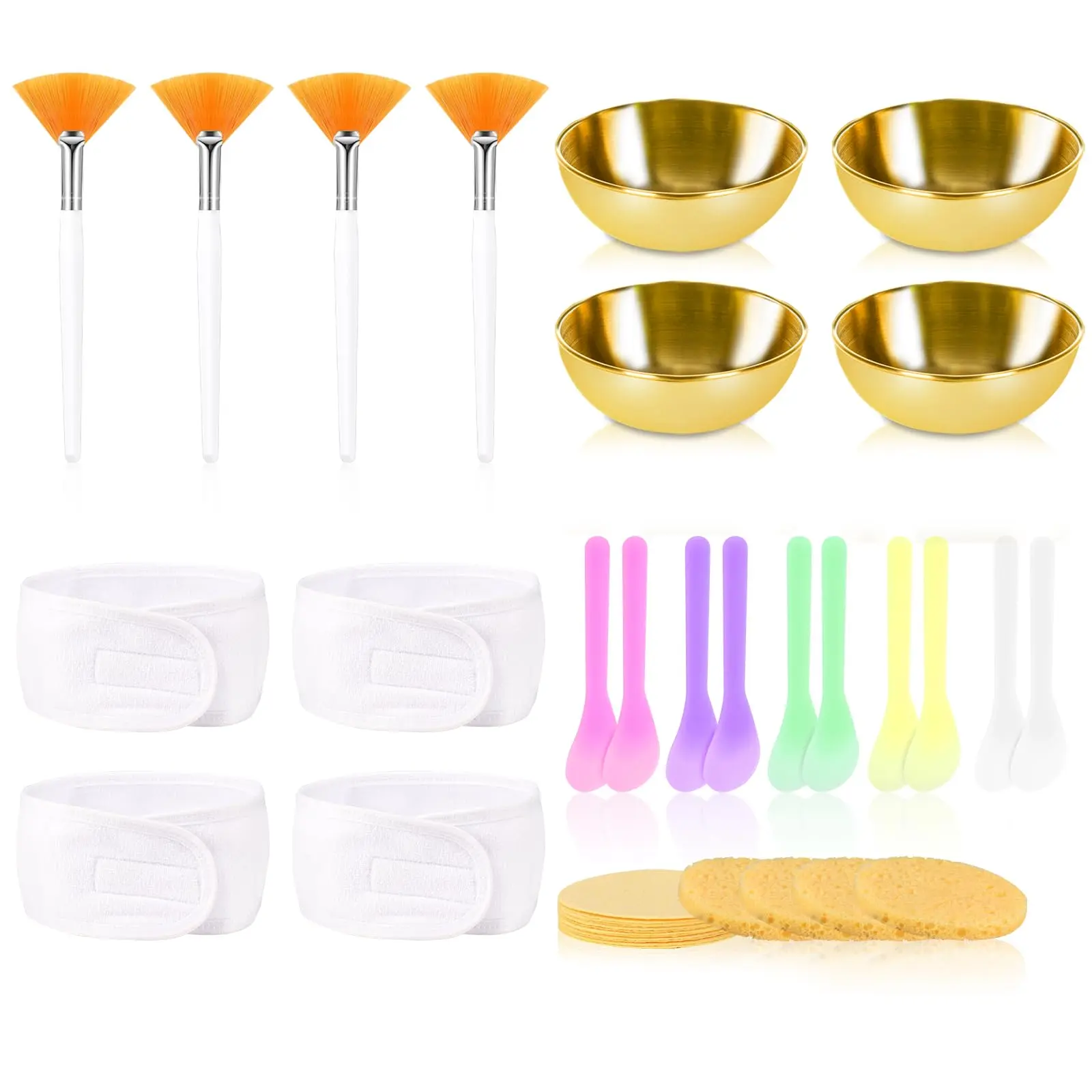 34 Pcs Esthetician Facial Supplies Set:4 Gold Bowls,10 Mud Mask Applicators,4 Cosmetic Brushes,12 Compressed Sponges,4 Facial Headbands for Unisex Face Cleansing,New Year Gifts,Hand Tools Kits