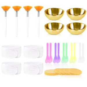 34 Pcs Esthetician Facial Supplies Set:4 Gold Bowls,10 Mud Mask Applicators,4 Cosmetic Brushes,12 Compressed Sponges,4 Facial Headbands for Unisex Face Cleansing,New Year Gifts,Hand Tools Kits
