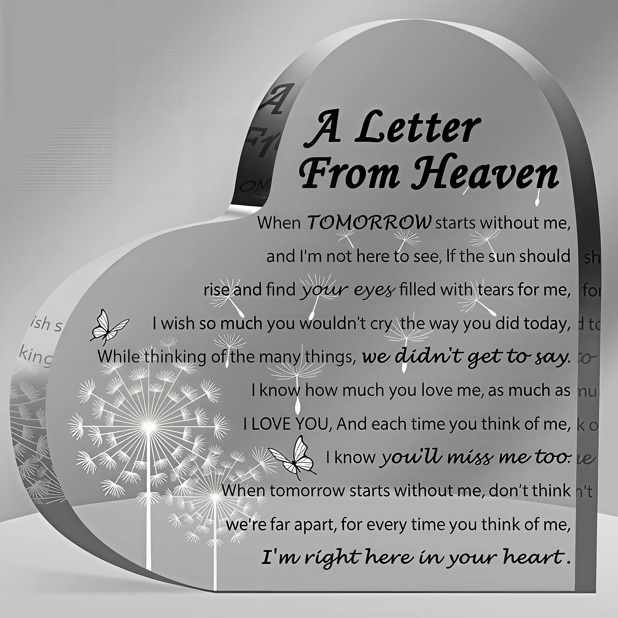 Acrylic Heart Memorial Keepsake "A Letter from Heaven" Sympathy Gift for Loss of Mother Father Husband or Son Comforting Remembrance Table Decoration Decorative Plaque
