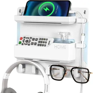 Bedside Shelf Wall Mount, Adhesive Bedside Shelf Accessories Organizer with Hooks and  Clips,Dorm Bedside Wall Storage for Phone, Remote, Earphone, Kindle,Plastic(White)