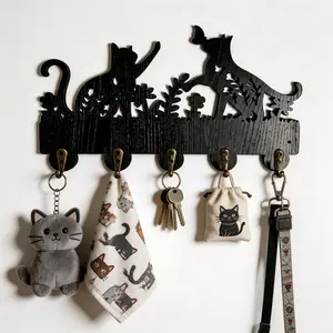 Cat Shape Wall Hook, Durable Coat Rack, Floral Cat Wooden Key Holder, Vintage Home Decor, 5 Alloy Hooks, for Entryway, Living Room, Kitchen, Office