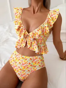 Summer Fashion High-Waisted Bikini with Ruffles, Women's Swimwear for Beach Pool Parties, Stylish Ladies Swimsuit, Slimming Effect, Vacation Style, Tropical Print, Chic Poolside, Holiday Outfit, Trendy Beachwear