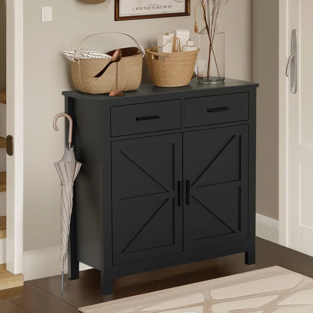 Black Modern Farmhouse Kitchen Storage Cabinet - Sturdy Drawer-Equipped Sideboard with 2 Drawers & 2 Doors, Chic Farmhouse Style Sideboard, Coffee Bar for Living Room, Dining Room, Farmhouse Style Sideboards