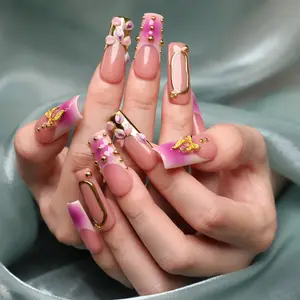 Musemood Nails Blossom Royale Handmade Long Square 10 PCS 3D Gel Press-On Nails Reusable Long-Lasting Salon-Perfect Finish Vegan Cruelty-Free