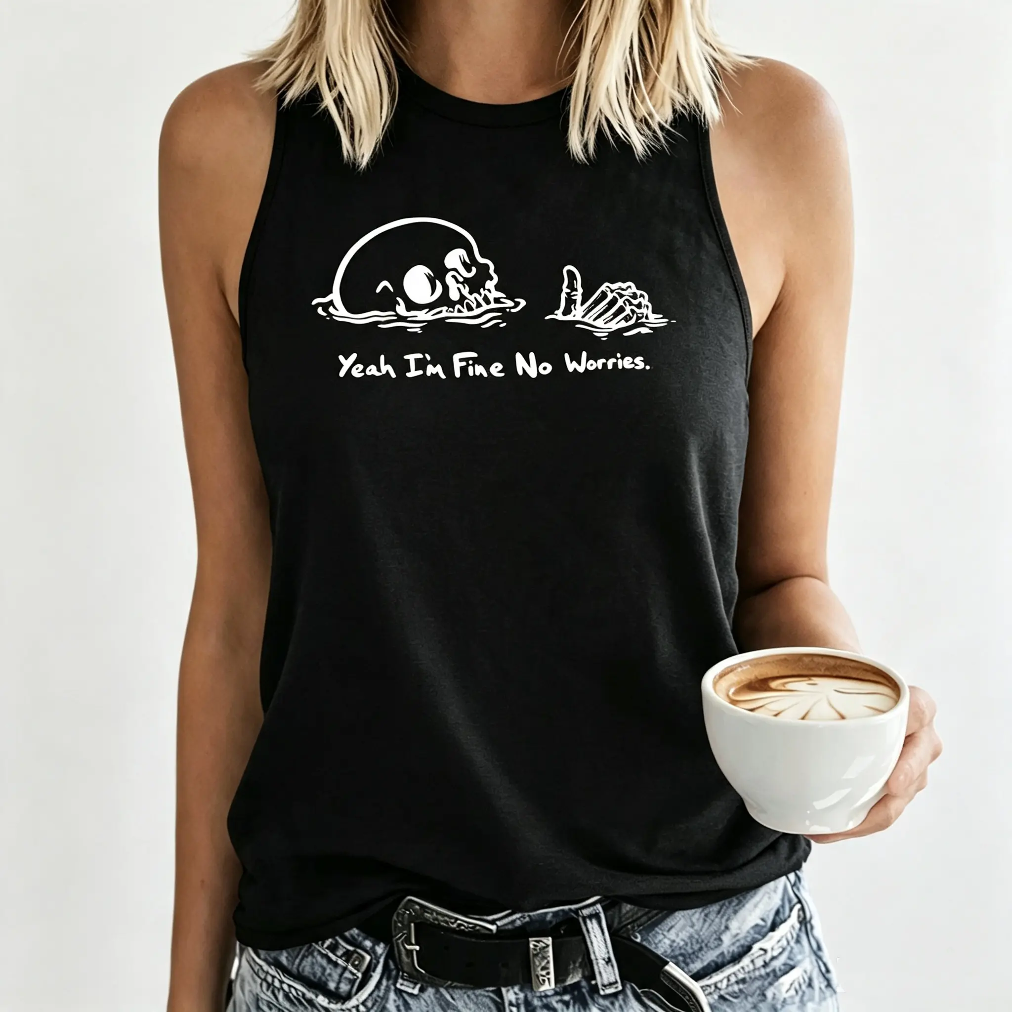 Skull-Like Print Fun Tank Top | "Yeah I'm Fine" Sleeveless Top | European and American Style Casual Sport T-Shirt | 2026 Summer New Vacation Style Clothing | Elegant Party Vintage Style Fashion Loose Sporty Trend Women's Apparel