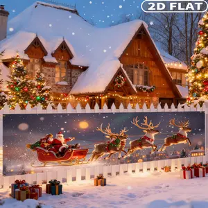 1count Festive Christmas 2D Flat Banner, Xmas Flag, 45x200cm Polyester Banner, Santa's Sleigh with Reindeer & Snowflake Design, Ideal for Home & Outdoor Holiday Decor, Christmas Gift, Perfect for Outdoor Garden Fence Decor, Party Decoration Supplies
