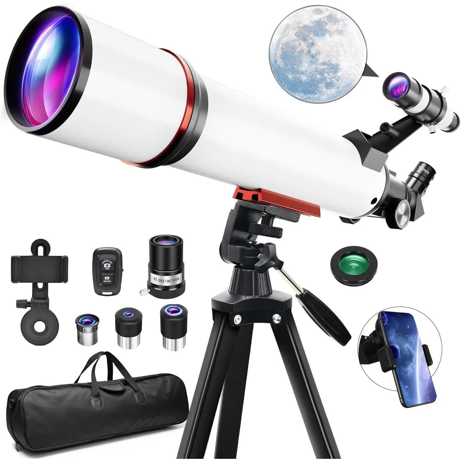 90mm Aperture 700mm Refractor Astronomy Telescope for Adults & Fathers, Fully Multi-Coated Optics, AZ Mount 20"-48" Tripod, 180° Vertical Adjustment, 28x to 350x Magnification, Carry Bag, Remote, Phone Adapter, Three Super Kellner Eyepieces