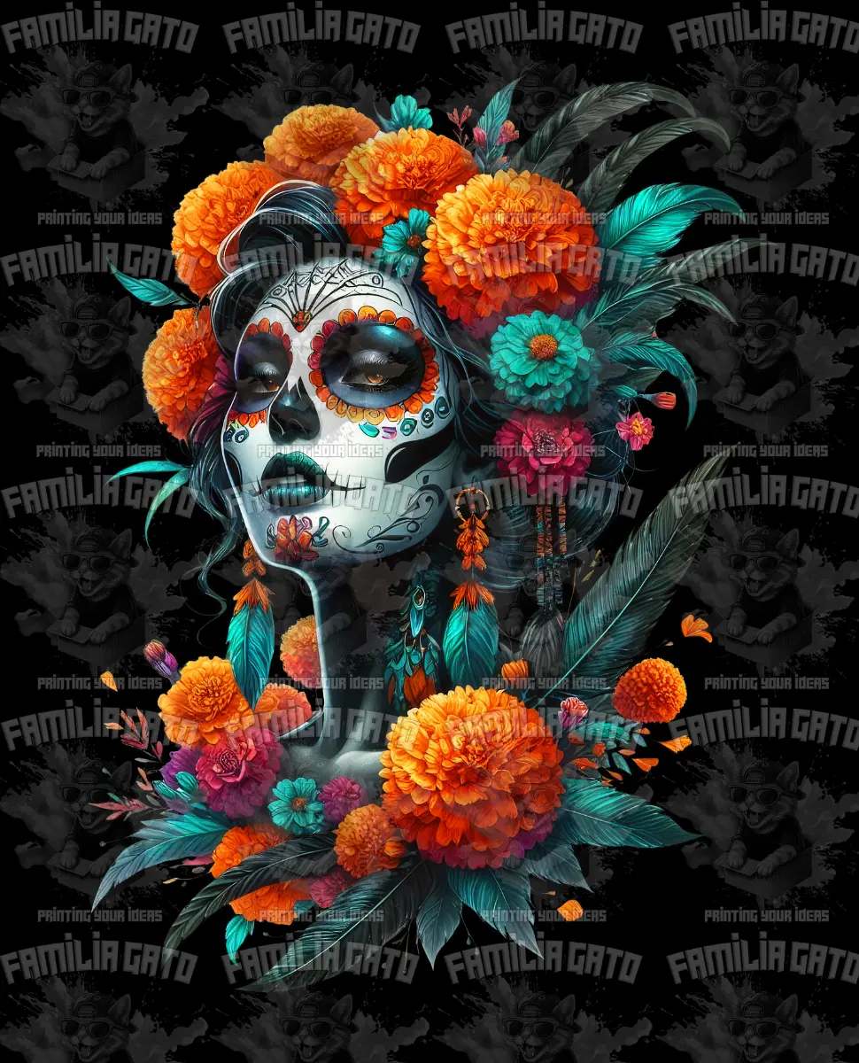 Teal Feathered Catrina DTF Transfer, Custom Craft Supplies, DIY Craft Decor Embellishments for Specialty DIY Projects, Crafts