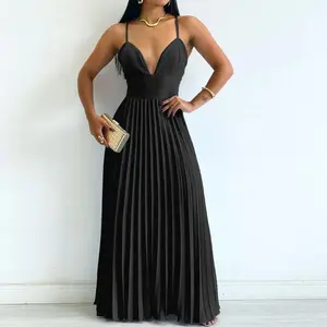 ChicMe Women's Bandeau Sleeveless Pleated Dress/Elegant Pleated Maxi Dress Elegant Flowy Wedding Guest A Line Maxi Wedding Dress