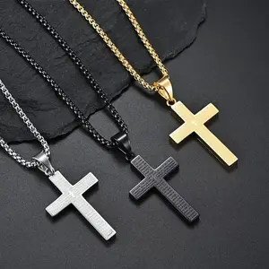 Cross Necklace for Men, Jewelry Stainless Steel, Cross Pendant with 60cm Chain, Color Black Silver Gold, Fadeproof and SweatproofGift