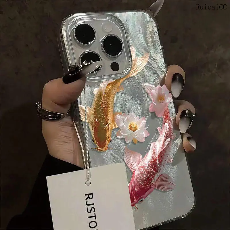 Koi Fish & Lotus Pattern Phone Case, Clear Phone Cases for iPhone 16 15 14 13 12 11 Pro Max, Phone Accessories, Cover, Phone Case 16 Plus