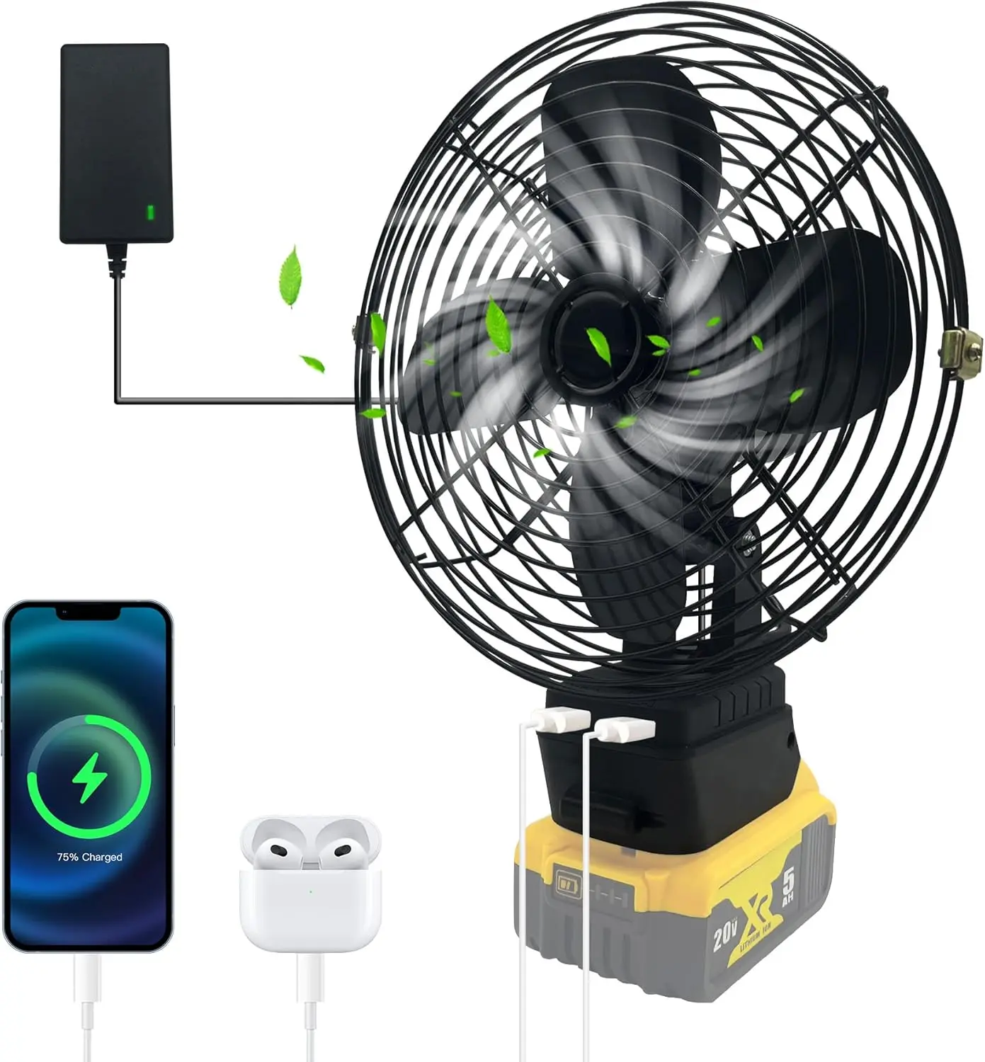 Portable Cordless Fan for Dewalt 20v Battery, Cordless Works Fan Battery Powered Fan,20W 3500RPM Brushless Motor Fan with Low Voltage Protection,USBPort for Industrial,Outdoor(No Battery)