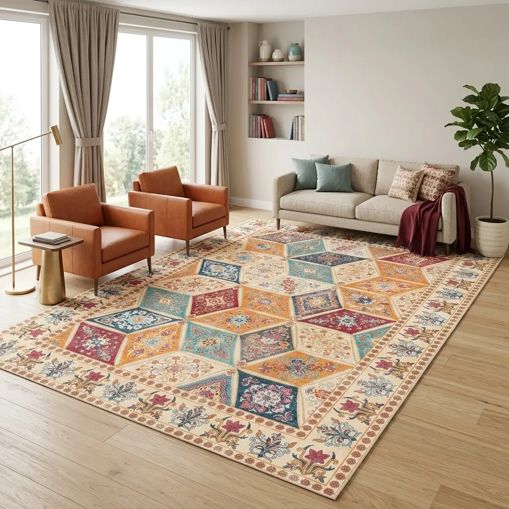 Vintage Diamond Patchwork Area Rug, Distressed Oriental Floral Low‑Pile Carpet, Non‑Slip Machine Washable Retro Bohemian Floor Rug for Living Room Bedroom Dining Room, Multiple Colors Available