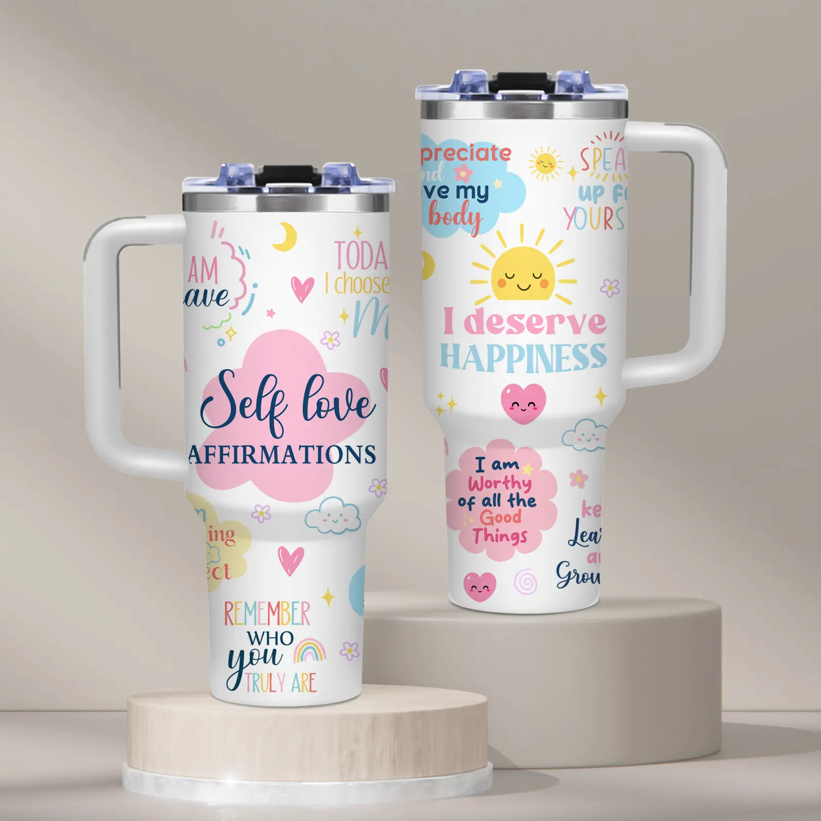 40oz Stainless Steel Vacuum Insulated Flask - Portable Reusable Self Love Affirmations Mug with Handle, Lid, Pastel Rainbow & Sun Design, Iced Coffee Cup, Novelty Gift for Self Love Enthusiasts, Beach & Office Use, Mother's Day