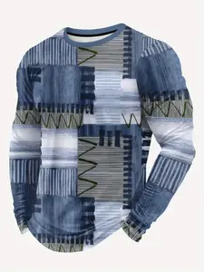 Men's Casual Sport Long Sleeve T-Shirt, Athleisure Street Fit, 3D Geometric Stripe Print, Round Neck, Fitted, Comfortable Lightweight, Streetwear, Athletic Shirt, Casual Sportswear, Athletic Top